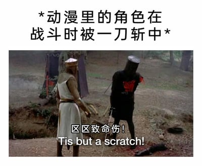 这是一张结合动漫常见套路与影视名场面的搞笑梗图。上方标注文字“*动漫里的角色在战斗时被一刀斩中*”，引出调侃的对象；下方使用电影《巨蟒与圣杯》的经典场景画面：亚瑟王手持武器站在对面，黑骑士的手臂已被斩断，断臂掉落在沾满血迹的地面上，但黑骑士依旧站在原地，配文“区区致命伤！Tis but a scratch!”，以此夸张地调侃动漫中常见的“角色受致命伤却毫不在意、继续战斗”的经典套路，用影视名场面的嘴硬表现放大了这个设定的搞笑效果。