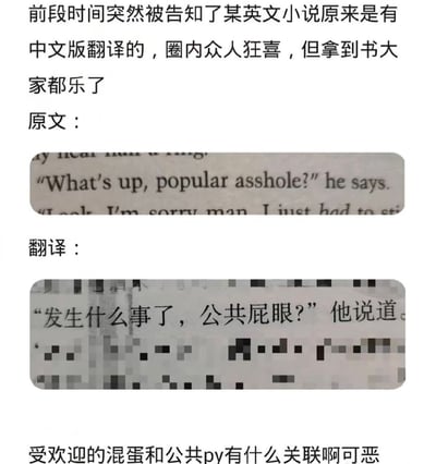 图片内容为一段吐槽英文小说中文版翻译错误的文字。开头提到某英文小说推出中文版后圈内狂喜，但拿到书后众人因翻译问题发笑。随后展示原文："What's up, popular asshole?" he says.（意为“怎么了，受欢迎的混蛋？”他说道。），对应的中文翻译却为：“发生什么事了，公共屁眼？”他说道。最后吐槽“受欢迎的混蛋和公共py有什么关联啊可恶”，通过对比凸显翻译的荒谬和错误，充满搞笑意味。