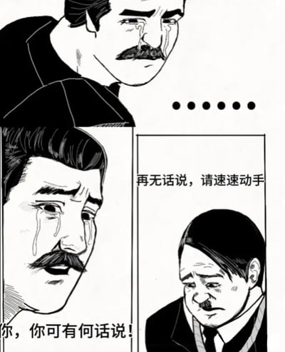 黑白连环图风格的梗图，包含三个主要 panels。上方 panel 为角色A流泪特写，中间左侧 panel 为角色B流泪特写并配文“你，你可有何话说！”，右侧 panel 为角色B低头流泪特写并配文“再无话说，请速速动手”。整体展现了一对悲剧恋人的悲伤对话场景，角色均为留胡子的男性形象，表情痛苦，泪水清晰可见。