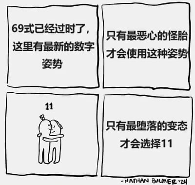 一张四格漫画，通过文字和简笔画形成幽默对比。左上格写着'69式已经过时了，这里有最新的数字姿势'，右上格写着'只有最恶心的怪胎才会使用这种姿势'，左下格是两个简笔人物拥抱的图案，上方标有数字'11'，右下格写着'只有最堕落的变态才会选择11'。整幅漫画采用简单的黑白线稿风格，右下角有作者签名'-NATHAN BALMER '24'。