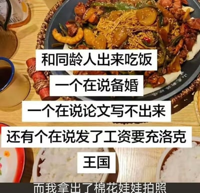 这是一张文字加注的实拍梗图，背景是餐桌场景，摆放着一份分量充足的干锅菜、几碗米饭和饮品，图中叠加了多行白色背景的黑色文字，描述了和同龄人共同聚餐时，几位同伴分别谈论备婚、论文写作困境、发工资充《洛克王国》游戏的不同话题，而发布者本人则只顾着拿出棉花娃娃拍照，生动展现了同一年龄段群体截然不同的生活节奏、人生阶段和兴趣爱好，充满接地气的搞笑感和共鸣感。