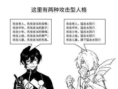 这是一张黑白漫画风格的梗图，标题为“这里有两种攻击型人格”。图中左侧角色提出针对不同人群的心理攻击策略，包括攻击老人的自尊、中年人的面子、少年的情绪、上级的尊严和儿童的天真；右侧角色则用重复的“猛击太阳穴”作为对所有人群的攻击方式，形成强烈的幽默对比。