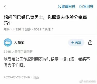 这是一张知乎问答的截图，标题为“想问问已婚已育男士，你愿意去体验分娩痛吗？”，下方显示有4326个回答和5031个关注。用户“大葡萄”以幽默的方式回应称：“以后老公工作应酬回家的时候带一瓶白酒，老婆不喝完不许睡。” 该回答获得3245人赞同，发布于2023年7月28日，地点显示为山西。图片右下角有水印“@这是鸭唐”。