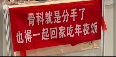 这是一张静态单图，主体是一条被悬挂起来的红色纸质横幅，横幅上用醒目的白色字体印着“骨科就是分手了也得一起回家吃年夜饭”。其中“骨科”是ACGN圈子里的经典网络梗，源自“德国骨科”的故事，用来调侃有血缘亲属关系的角色之间产生恋爱情愫的情节。标语用玩笑式的语气，结合“分手”和“回家吃年夜饭”的反差，调侃这类违背伦理的关系即便结束，也会因为亲属身份不得不一起参与家庭年夜饭，制造出荒诞搞笑的效果。图片左上角带有哔哩哔哩用户“Satinwoodwoo”的水印，表明内容来源平台。