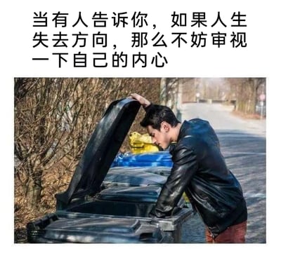 这是一张利用视觉错位效果制作的搞笑图文梗图，上方配有一段鸡汤风格的文字：“当有人告诉你，如果人生失去方向，那么不妨审视一下自己的内心”。下方的图片中，一名穿着黑色皮衣的男子因身体和垃圾桶的位置巧合，形成了“把头探进垃圾桶”的视觉错觉，恰好对应了文字里的“审视内心”，用这种荒诞的反差感调侃了迷茫时审视内心的鸡汤言论，仿佛在暗示“自己的内心就像垃圾桶一样乱糟糟”，以幽默的方式消解了人生迷茫的沉重感，十分贴合网络用户的趣味表达。