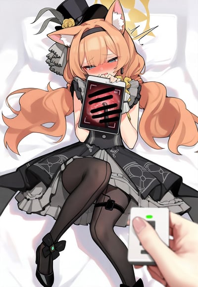 Anime-style illustration of a fox-eared girl with long orange hair lying on a white bed. She wears a black and white dress with frills, black stockings, and a small top hat with a flower. The girl has an embarrassed expression with red cheeks while holding a tablet with a red screen that has black censorship bars covering the content. A hand holding a remote control is pointing towards her from the bottom right corner.