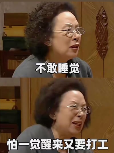 图片为上下两张《家有儿女》中刘梅（宋丹丹饰）的剧照截图拼接。上图中刘梅眉头微皱，眼神略带焦虑，配文“不敢睡觉”；下图中她表情更加无奈，眉头紧锁，配文“怕一觉醒来又要打工”。整体通过夸张的表情和接地气的文字，幽默地表达了打工人对工作日的抗拒和对假期结束的焦虑，引发职场人士共鸣。