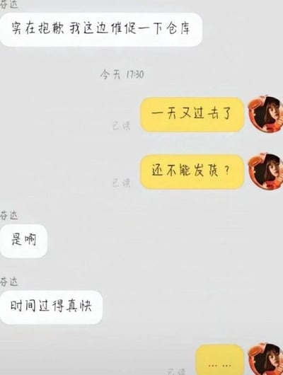 这是一张聊天对话截图，展示了用户与客服之间关于发货延迟的对话。用户发送白色消息气泡，内容包括："实在抱歉 我这边催促一下仓库"、"是啊"和"时间过得真快"。对方发送黄色消息气泡，内容包括："一天又过去了"、"还不能发货？"和"......"。截图中显示了"今天 17:30"的时间戳和"已读"状态标识。对话反映了买家对发货延迟的无奈和催促，以及客服的回应。