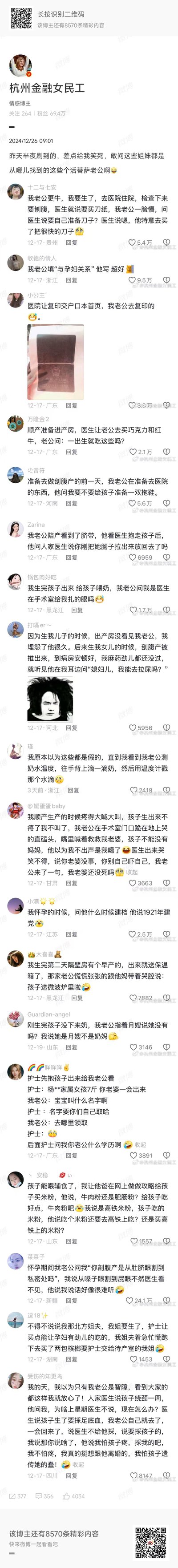 这是微博博主@杭州金融女民工 整理的一组网友分享的老公在怀孕、生产、育儿过程中闹出的搞笑乌龙事件合集。内容包括把“刀纸”理解成“刀子”、填“与孕妇关系”写“超好”、给新生儿准备拖鞋、把保温箱说成微波炉等一系列直男式迷惑操作，每一条都充满了生活的笑点，让人哭笑不得，展现了新手爸爸们在面对生育这件事时的懵懂和可爱，在微博平台获得了大量的点赞和互动。