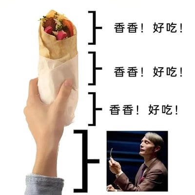 这是一张搞笑二创梗图，左侧是一只手拿着一个包裹好的、馅料丰富的卷饼，中间用竖排的括号将卷饼和持饼的手的区域从上到下分为四个部分，对应卷饼可食用部分的上三个区域右侧都配有文字“香香！好吃！”，最下方的区域右侧搭配了美剧《汉尼拔》中主角汉尼拔手持餐具、一脸享受准备用餐的经典剧照，玩相关谐音梗的同时也用汉尼拔食人设定形成反差搞笑效果，调侃卷饼最下端的部分或者暗含“吃到最后就轮到汉尼拔”的趣味脑洞。