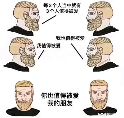 这是一组由三行六张图组成的连环静态卡通漫画，采用图文混排的形式。图中是同一个有着浅金色短发、棕色大胡子的卡通男性：第一行的两张图中，男性以侧面相对，配文“每3个人当中就有3个人值得被爱”，用看似无厘头的数学表述，实则传递“所有人都值得被爱”的普适性观点；第二行的两张图依旧是男性侧面相对，配文分别为“我值得被爱”“我也值得被爱”，完成从普遍结论到自我肯定的过渡；第三行的两张图中，男性正面朝向观看者，配文“你也值得被爱 我的朋友”，将这份自我接纳的温暖传递给每一位观看者。整体内容风格治愈，旨在引导人们接纳自己、关爱他人，传递积极正向的情绪。
