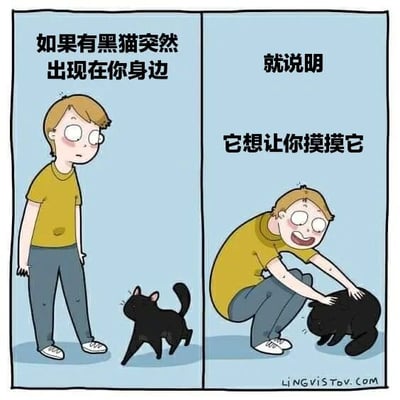 左侧面板中，一个穿着黄色T恤和蓝色裤子的男孩站立着，眼睛睁大，表情惊讶，一只黑猫正朝他走来，上方文字写着“如果有黑猫突然出现在你身边”。右侧面板中，男孩蹲下身子，面带微笑，开心地抚摸着黑猫，黑猫则显得很享受，旁边文字写着“就说明它想让你摸摸它”。整幅漫画风格可爱，传递出猫咪主动亲近人类的温馨场景。
