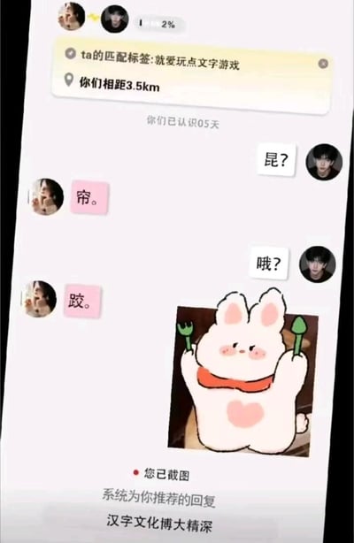 这是一张交友类APP的竖屏聊天记录截图，两位已认识5天、相距3.5km的用户正在玩拆字文字游戏互动。右侧用户先后发送“昆？”“哦？”，左侧用户对应回复“帘。”“跤。”，随后左侧用户发送了一张双手举着餐具、表情兴奋的卡通兔子表情包。界面底部显示“您已截图”，系统还推荐回复“汉字文化博大精深”。
**内涵拆字梗说明**：这组对话是内涵拆字游戏，“昆”拆分为“日”“比”，“帘”拆分为“穴”“巾”，“哦”拆分为“口”“我”，“跤”拆分为“足”“交”，通过拆字组成带有暗示性的内容，属于玩梗式的社交互动。