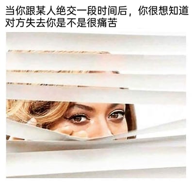 这是一张图文结合的静态梗图，上方配有文字“当你跟某人绝交一段时间后，你很想知道对方失去你是不是很痛苦”，下方是经过P图改编的画面：碧昂丝的眼睛从类似百叶窗的缝隙中露出，眼神带着窥探、在意，还夹杂着一丝委屈，精准还原了人际交往中，嘴上和对方绝交，内心却忍不住偷偷关注对方，想确认自己在对方心中重要性的别扭又纠结的心态，用搞笑的方式戳中了很多人在这类关系中的真实情绪。
