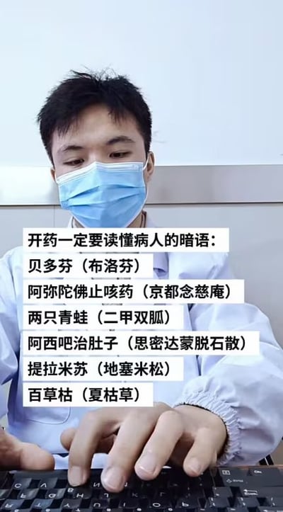 这是一张图文混排的静态图，画面主体是一位穿着白大褂、佩戴蓝色口罩的男性医护人员，正低头操作面前的键盘，画面叠加了白色背景的文字，汇总了病人因为记不住药品名称而使用的各类谐音别称，对应标注了真实的药名，用搞笑的方式调侃了医患沟通中关于药名的谐音趣事，帮助医护理解病人的用药需求。