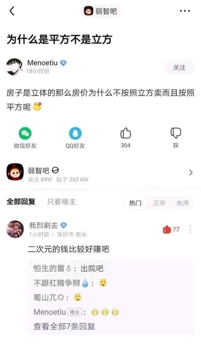 这是百度贴吧“弱智吧”的一则趣味帖子，楼主Menoetiu提出了一个脑洞大开的问题：“房子是立体的那么房价为什么不按照立方卖而且按照平方呢”，并附带了一个调皮的表情。热门回复用户“我烈割去”用调侃的语气回复“二次元的钱比较好赚吧”，以此调侃楼主的问题脱离现实、像无厘头的二次元内容。后续还有其他用户参与互动，比如用户“怕生的雷♂”回复“出院吧”，进一步调侃楼主的脑洞，用户“不跟杠精争辩”“蜀山兀◎”也用表情参与互动，楼主同样用表情回复了这些评论，整体氛围轻松搞笑，是典型的贴吧无厘头互动。关于楼主的问题，实际答案是：住宅的层高基本是固定数值（一般在2.8-3米左右），人们使用房子时主要关注的是平面的活动空间，也就是建筑面积/套内面积的大小，按平方计价更符合实际使用需求，也便于统一计算和交易，同时也符合房地产行业的传统计价习惯。