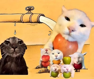 图片左侧是一只表情渴望的黑猫抬头仰望，右侧有一只身体变成大苹果的白猫，它的下方还有几只抱着不同颜色苹果（红、橙、绿）的小猫。背景中有一根正在流水的管道，水滴正滴向黑猫。整体画面呈现出一种荒诞又可爱的对比，黑猫的渴望与白猫一家的'丰收'形成鲜明反差。