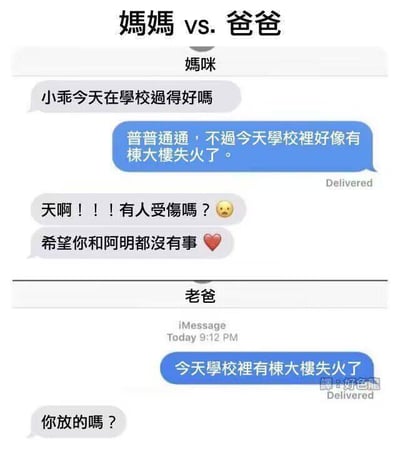 图片展示了妈妈和爸爸在收到孩子提及学校大楼失火消息时的聊天记录对比。妈妈表现出极度关心，连续询问是否有人受伤、希望孩子和同学安全；爸爸则以幽默反问“你放的吗？”回应，通过鲜明的对话反差幽默展现父母不同的沟通风格和关注点。