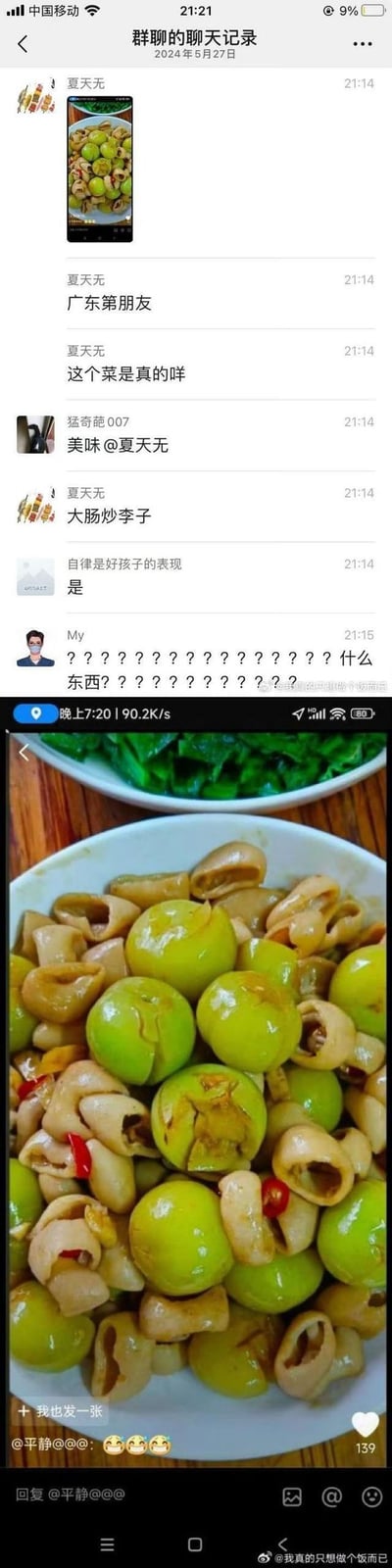 这是一张2024年5月27日的微信群聊截图，群友「夏天无」分享了一道名为「大肠炒李子」的菜品图，询问群友这道广东菜品是否真实存在。群友「猛奇葩007」回复称其美味，「自律是好孩子的表现」确认菜品真实，而群友「My」则发出一连串问号，表达对这道奇特搭配菜品的震惊与不解。截图下方附带了这道菜的实拍图：猪大肠与青色李子一同炒制，还点缀了红辣椒，这种看似违和的食材组合让这道菜充满了「黑暗料理」的既视感，引发讨论。