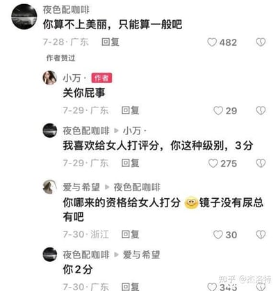 这是一张社交媒体评论区的截图，完整记录了一场因外貌评价引发的争执：用户“夜色配咖啡”首先评论博主“小万”“你算不上美丽，只能算一般吧”，博主直接回怼“关你屁事”；该用户接着表示“我喜欢给女人打评分，你这种级别，3分”；另一位用户“爱与希望”看不下去，反驳道“你哪来的资格给女人打分 😊镜子没有尿总有吧”，结果也被“夜色配咖啡”回怼“你2分”。整个对话充满了火药味，是典型的网络上对他人外貌进行恶意评价引发的冲突，图中没有双关、谐音梗或暗示类内容。