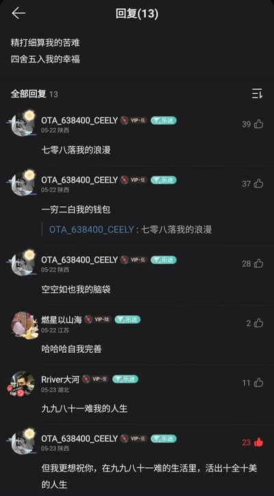这是一张网易云音乐的评论区截图，开头展示了“精打细算我的苦难，四舍五入我的幸福”的对仗式文案，用户OTA_638400_CEELY以此为模板，接连创作了“七零八落我的浪漫”“一穷二白我的钱包”“空空如也我的脑袋”等充满生活自嘲感的对仗句子，获得了不少点赞；其他用户也参与互动，用户Rriver大河接出“九九八十一难我的人生”，用户燃星以山海则以“哈哈哈自我完善”调侃这场接龙；最后OTA_638400_CEELY给出暖心收尾，祝福对方在艰难生活中活出十全十美的人生，整体互动既有自嘲的趣味，也有温暖的收尾，展现了评论区用户的创意与温情。