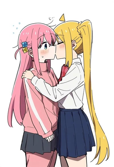 这是一张基于动漫《孤独摇滚！》的AI生成百合向同人插画，画面中伊地知虹夏（金色长马尾角色）主动抱住后藤独（粉色长发、穿粉色运动外套的波奇酱）并亲吻她，后藤独则满脸通红、额头冒汗，身体僵硬，呈现出极度慌张害羞的状态，氛围甜蜜又充满少女的羞涩感。