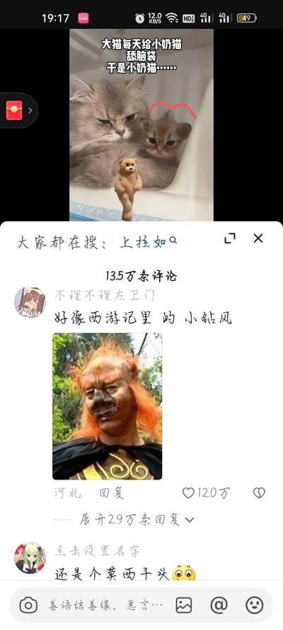 这张图上半部分是一只成年猫和一只小奶猫依偑在一起的场景，搭配了“猫每天给小奶猫舔脑袋，于是小奶猫……”这样的文字。画面下方添加了一个搞笑的3D小人形象（土拨鼠表情包）。下半部分为社交平台评论区，有网友评论“小奶猫的毛发像某个游戏角色的小奶油头”，并配上发色特别、蓬松的自拍照，网友调侃其发型神似小奶猫的头发。整体氛围幽默轻松，有明显外貌联想、网络梗和混剪拼贴的成分。最后还补充了一句“这真是麦码干头”加重笑点。

没有明显双关，但涉及“干头（发型）”的网络调侃。