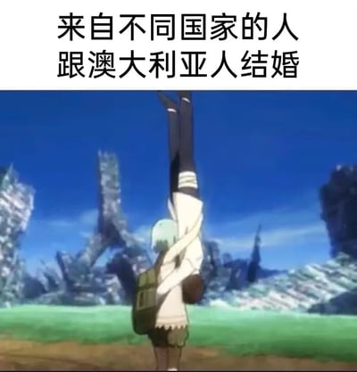 这是一张趣味地域梗图，上方配文“来自不同国家的人跟澳大利亚人结婚”，下方采用动画截图作为画面：浅发色角色将另一个人倒扛在肩头，背景是颠倒的城市建筑。该梗图借助澳大利亚地处南半球、与北半球国家地理方位“相反”的特点，用视觉上的“颠倒”画面夸张地调侃，和澳大利亚人结婚仿佛要过上完全“倒过来”的生活，以此制造出搞笑的效果。