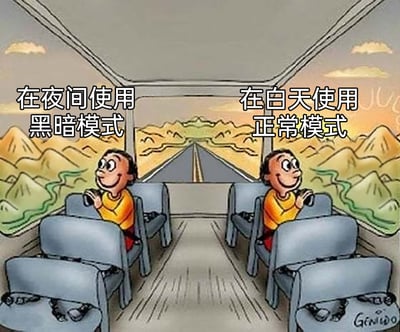 这是一幅采用左右对比构图的卡通手绘漫画，画面呈现了巴士内部的场景，左右两侧各有一名穿着黄色上衣的卡通人物，正举着类似手机的物品看向窗外。左侧上方标注文字“在夜间使用黑暗模式”，对应的窗外是偏暗沉的黄昏色调风景；右侧上方标注文字“在白天使用正常模式”，对应的窗外是明亮的日间色调风景。实际上这是利用视觉错觉设计的画面，左右窗外是同一个场景的不同色调呈现，以此幽默形象地比喻电子设备的明暗模式：在夜间开启黑暗模式、白天使用正常模式，能适配不同的光线环境，带来更舒适的视觉体验，精准戳中人们日常使用数码产品的小习惯。