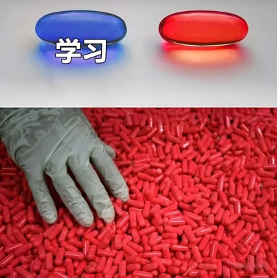 图片分为上下两部分。上半部分展示两个椭圆形药片，左侧蓝色药片上有白色“学习”文字，右侧为红色药片，背景为浅色；下半部分是一只戴着灰色手套的手，正放在大量红色药片堆中，整体通过对比暗示对红色药片的偏好远胜于学习。
