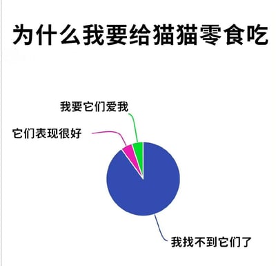 一张以猫咪零食为主题的图文混排梗图。顶部大字标题为“为什么我要给猫猫零食吃”，下方是一个蓝色为主的饼图，其中最大的蓝色区域标注“我找不到它们了”，另有粉色小区域标注“它们表现很好”和绿色小区域标注“我要它们爱我”。通过夸张的比例幽默展现铲屎官给猫咪喂零食的真实心态，最大动因竟是找不到猫时用零食引诱。