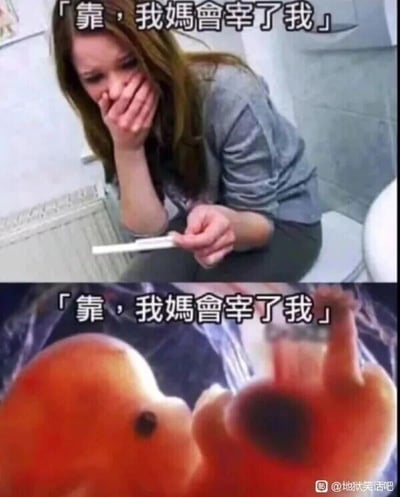 这是一张上下拼接的对比梗图，上图是一位年轻女性坐在马桶上，手持验孕棒，用手捂住嘴巴，脸上露出惊恐、慌张的神情，配文“靠，我妈会宰了我”，表现出她意外怀孕后害怕被母亲责备的恐惧情绪；下图是一个拟人化的胎儿形象，同样配有“靠，我妈会宰了我”的文字，将胎儿塑造成处于恐慌状态的视角，形成了荒诞的反向幽默效果，属于地狱笑话范畴，通过错位的双重视角制造反差感，让原本的恐慌情绪变得滑稽可笑。