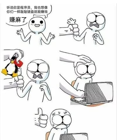 这是一组连环卡通漫画，讲述了一名对程序员职业充满美好幻想的小白，误以为程序员只需敲敲键盘就能轻松赚大钱，满心期待入行。但随后被代表行业的大手强行拉入该领域，被塞给象征程序员必备技能与工具的Linux系统吉祥物企鹅，接着被按在笔记本电脑前被迫高强度写代码，最后小白满脸崩溃却只能违心做出点赞手势。漫画用夸张的画面反差，生动吐槽了外行对程序员职业的误解，以及从业者需要掌握复杂技能、承受工作压力的真实心酸处境，充满了搞笑与讽刺的意味。