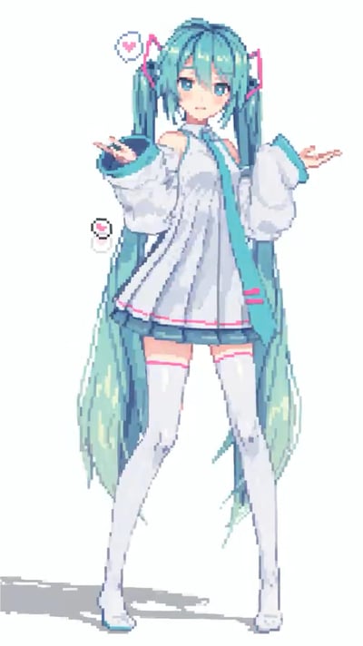 这是一幅像素风格的二次元同人插画，主体是知名虚拟歌手初音未来。她有着标志性的青绿色超长双马尾，发尾带有渐变效果，身穿白色露肩连衣裙，裙身和袖口点缀着青绿色与粉色的装饰线条，搭配同色系的长领带，下身穿着带有粉色边缘的白色过膝长袜。初音未来的双手向身体两侧摊开伸出，眼神柔和，脸颊略带红晕，表情羞涩又温柔，身旁还有带有爱心图案的小气泡，仿佛在做出邀请或展示的动作。画面背景为纯白色，人物下方有浅灰色的阴影，让主体更加突出，整体画风清新治愈，充满二次元的可爱感。