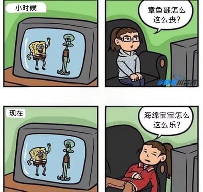 这是一张典型的成长类梗图，通过经典动画《海绵宝宝》中的角色，生动表现了人们在不同年龄阶段看动画时的心态变化。小时候觉得章鱼哥很丧，长大后却困惑海绵宝宝为何如此快乐，暗含成长压力与心境的巨大转变。整图充满幽默和自嘲，极具代入感和共鸣。