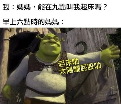 图片上方是两行文字对话，第一行是“我：媽媽，能在九點叫我起床嗎？”，第二行是“早上六點時的媽媽：”。下方配图是动画电影《怪物史莱克》中的主角史莱克，他站在木屋门口，咧嘴笑着伸出右手，旁边配有黄色文字“起床啦 太陽曬屁股啦”。整体通过幽默的方式展现了孩子希望妈妈九点叫醒自己，结果妈妈六点就来催促起床的家庭常见场景，形成了有趣的反差萌。