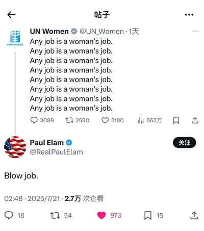 这是一张X平台（原推特）的截图，上方是联合国妇女署（UN Women）官方账号连续发布多条“Any job is a woman's job.（任何工作都可以是女性的工作）”的推文，旨在传递女性可胜任所有工作、倡导职场性别平等的理念；下方是用户Paul Elam回复了一句“Blow job.”，利用英文中“job”的双关含义，用低俗内容恶意曲解原推文的正向主旨，形成了具有争议性的社交互动内容。
这里的双关点在于：“Blow job”是低俗俚语，Paul Elam借此故意歪曲原句中“job”指代职业工作的含义，制造恶意调侃的效果。
