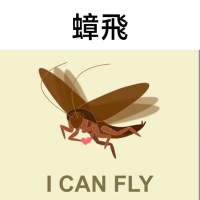 图片上方有黑色艺术字体“蟑飛”，中间是一只卡通风格的棕色蟑螂，正展开宽大翅膀飞行，胸前捧着一颗粉色爱心，下方配有英文文字“I CAN FLY”。背景为米黄色，整体构图简洁明快。通过拟人化的蟑螂飞行形象，结合中英文文字谐音与语义（“蟑飛”谐音“张飞”，同时直译为“蟑螂飞”），既保留了“小强”梗的幽默特质，又传递出自信、勇于展现自我的励志意味，带有自嘲式的积极情绪。