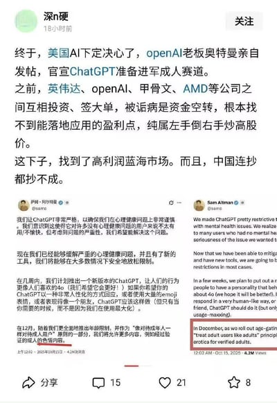 这是国内社交平台用户“深n硬”发布的帖子，称OpenAI CEO萨姆·奥尔特曼宣布ChatGPT将在2025年12月推出面向验证成年人的成人色情内容，认为这是OpenAI找到的高利润蓝海市场，国内无法效仿。帖子中附上了萨姆·奥尔特曼的推特中英文截图，推特原文提到将在几周内推出新版ChatGPT放松使用限制，12月将允许经过验证的成人访问色情内容，中文翻译特意标注了该核心内容。