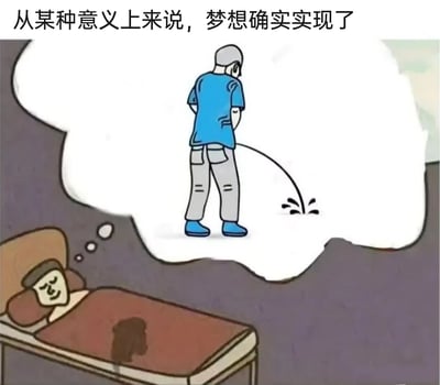 这是一幅搞笑卡通漫画，画面下方是一个躺在床上熟睡的人，闭着眼睛面带笑意，正在做梦，梦的内容是自己站着正常排尿；而现实中他的床铺有明显的深色湿痕，说明他尿床了。图片顶部配文“从某种意义上来说，梦想确实实现了”，用现实和梦境的强烈反差制造幽默效果，调侃尿床的尴尬场景，将梦里正常排尿的“梦想”和现实尿床的结果荒诞地联系起来，以反讽的方式让整个场景显得滑稽好笑。