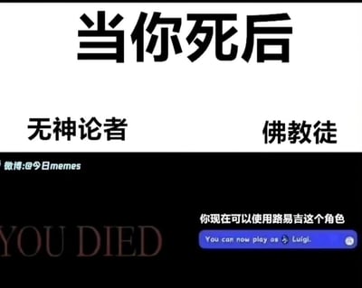 这是一张左右对比式的meme梗图，以“当你死后”为核心主题，巧妙结合游戏元素来对应无神论者与佛教徒对死亡的不同认知。画面顶部用大字标注主题“当你死后”，下方分为左右两个区域：左侧对应无神论者，展示了硬核电子游戏中常见的“YOU DIED”死亡提示语，用游戏彻底结束的设定，寓意无神论者认为死亡是生命的彻底终结；右侧对应佛教徒，使用任天堂马里奥系列游戏的角色解锁提示“你现在可以使用路易吉这个角色”，将佛教的轮回转世概念类比为游戏中解锁新角色继续游玩，用玩家熟悉的游戏设定调侃宗教中的转世观点，整体以幽默的方式呈现两种截然不同的生死观。