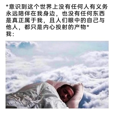 这是一张图文结合的自嘲类梗图，上方是一段带有通透人生感悟的文字：“意识到这个世界上没有任何人有义务永远陪伴在我身边，也没有任何东西是真正属于我，且人们眼中的自己与他人，都只是内心投射的产物”，下方标注“我：”，搭配的图片是经过合成的创意内容——一个盖着被子、枕着枕头的真人，躺在翻涌的云海之中熟睡，神态放松。图中通过文字的深刻感悟和图片的躺平状态形成呼应，用反差感表达当代年轻人在认清人际关系、自我认知的本质后，选择摆烂躺平、逃避现实纷扰、专注于自身舒适圈的心态，是一种对现实压力的自嘲式抒发，容易引发同类人群的情感共鸣。