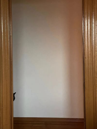 一张家庭场景照片，画面中央是带有竖条纹的木质门框，门框内是一面干净的米白色墙壁，光线从右侧照射进来形成柔和的光影渐变。一只黑色的猫从门框左侧悄悄探出头，仅露出两只尖耳朵和部分头顶，仿佛在好奇地观察门外的动静。整体氛围温馨自然，展现了猫咪的可爱与好奇心。