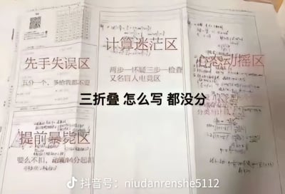 这是一张学生涂鸦的试卷分区评价图，把考卷按照"三折叠"方式，划分为各种奇葩区域，比如“先手失误区”、“提前暴毙区”、“计算迷茫区”、“崩溃摇区”，并用幽默的方式吐槽自己考试答题时犯下的各种错误。画面中间用加粗字体标着“三折叠 怎么写 都没分”，是对考卷布局和得分尴尬的调侃。整体内容充满自嘲、无奈和考场梗，十分有代入感。图片还用不同区块名字和描述，展现了学生对考试过程的真实心理活动。