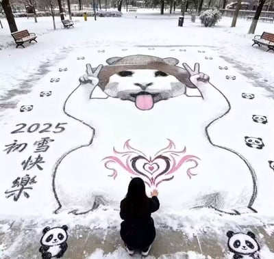 冬日公园的雪地广场上，有人用雪绘制了一幅超大卡通熊形象：圆脸蛋、戴帽子、吐着粉舌头，双手比出剪刀手，肚子上还有粉色爱心图案。一名长发黑衣女子正跪坐在画像前，伸手轻触爱心。周围散落着多个迷你熊猫头像，左侧写有「2025 初雪快乐」字样。背景可见积雪的长椅、树木和公园小径，整体氛围温馨治愈。