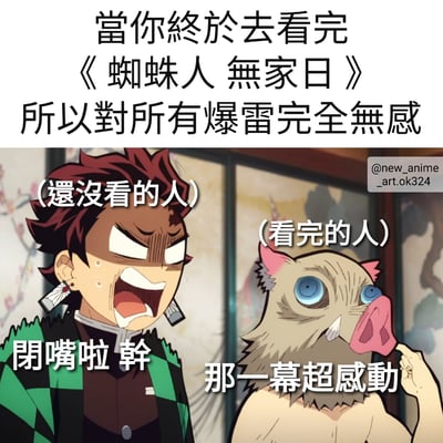 這是一張使用《鬼滅之刃》動畫角色製作的反應梗圖，用來表達看完電影《蜘蛛人：無家日》後對劇透無感的狀態。圖片上方文字寫著「當你終於去看完《蜘蛛人 無家日》所以對所有爆雷完全無感」。左側是表情憤怒大喊的炭治郎，標註為「(還沒看的人)」，並配有對話「閉嘴啦 幹」；右側是戴著豬頭面具表情平靜的伊之助，標註為「(看完的人)」，並配有對話「那一幕超感動」。