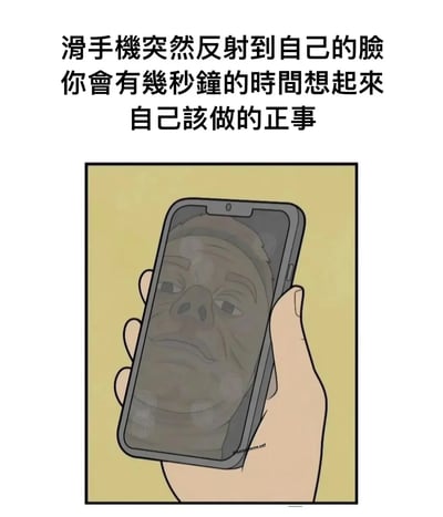 这张梗图描绘了一个人在玩手机时，手机屏幕突然反射出自己面容尴尬又丧气的样子。配文点出每个人在手机反射中看到自己会短暂反省这段时间是不是该做点正事了，轻松戳中现代生活的普遍体验。这包含一点自嘲、幽默色彩，具有强烈的共鸣感。没有明显谐音梗，但“面对自己”有自我反思之意。