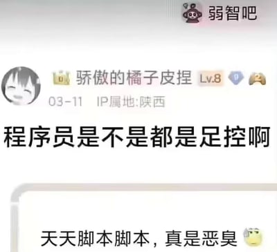 这是百度贴吧“弱智吧”中的一则用户发帖截图，IP属地为陕西的用户“骄傲的橘子皮捏”发帖提问“程序员是不是都是足控啊”，下方回复玩起谐音梗，将程序员常用的专业术语“脚本”谐音为“脚（足）本”，以此回应楼主的提问，制造出无厘头的搞笑效果。
笑点解析：利用“脚本”与“脚（足）本”的谐音关联，把程序员的职业术语和楼主的“足控”提问结合，形成玩梗调侃。