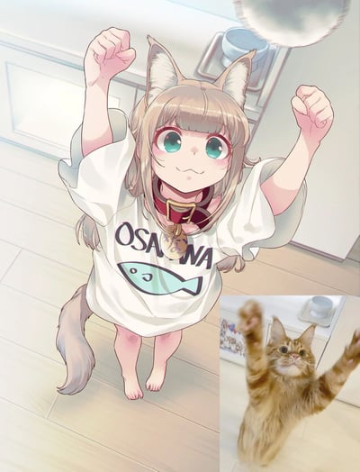 图片主体为动漫风格的猫耳少女，浅棕色长发搭配白色猫耳和尾巴，身穿印有“OSAKA”字样及蓝色小鱼图案的白色T恤，赤足站在浅色木地板上，双手握拳高举，眼神明亮带笑，背景是厨房场景，可见白色橱柜和台面上的蓝色碗。右下角配有一张真实橘猫的照片，猫咪同样站立并举起双爪，姿势与猫耳少女高度同步，形成趣味对比。