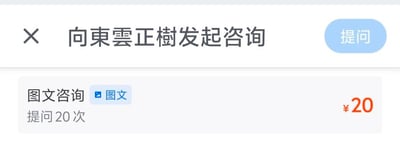 这是一张付费咨询服务的界面截图，界面顶部显示标题“向東雲正樹发起咨询”，右上角设有蓝色的“提问”按钮；下方展示了咨询套餐信息：图文咨询类型，可享受20次提问权限，对应的费用为20元。界面设计简洁明了，没有双关、谐音梗或暗示类内容。